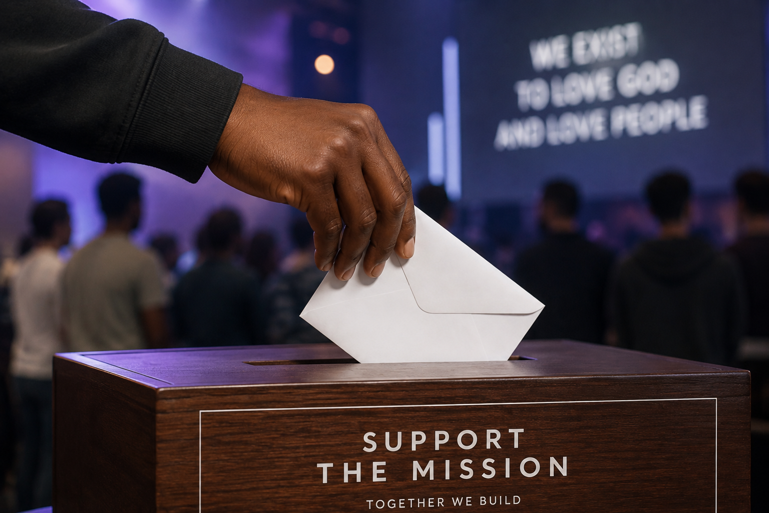 A hand placing an offering envelope into a wooden giving box